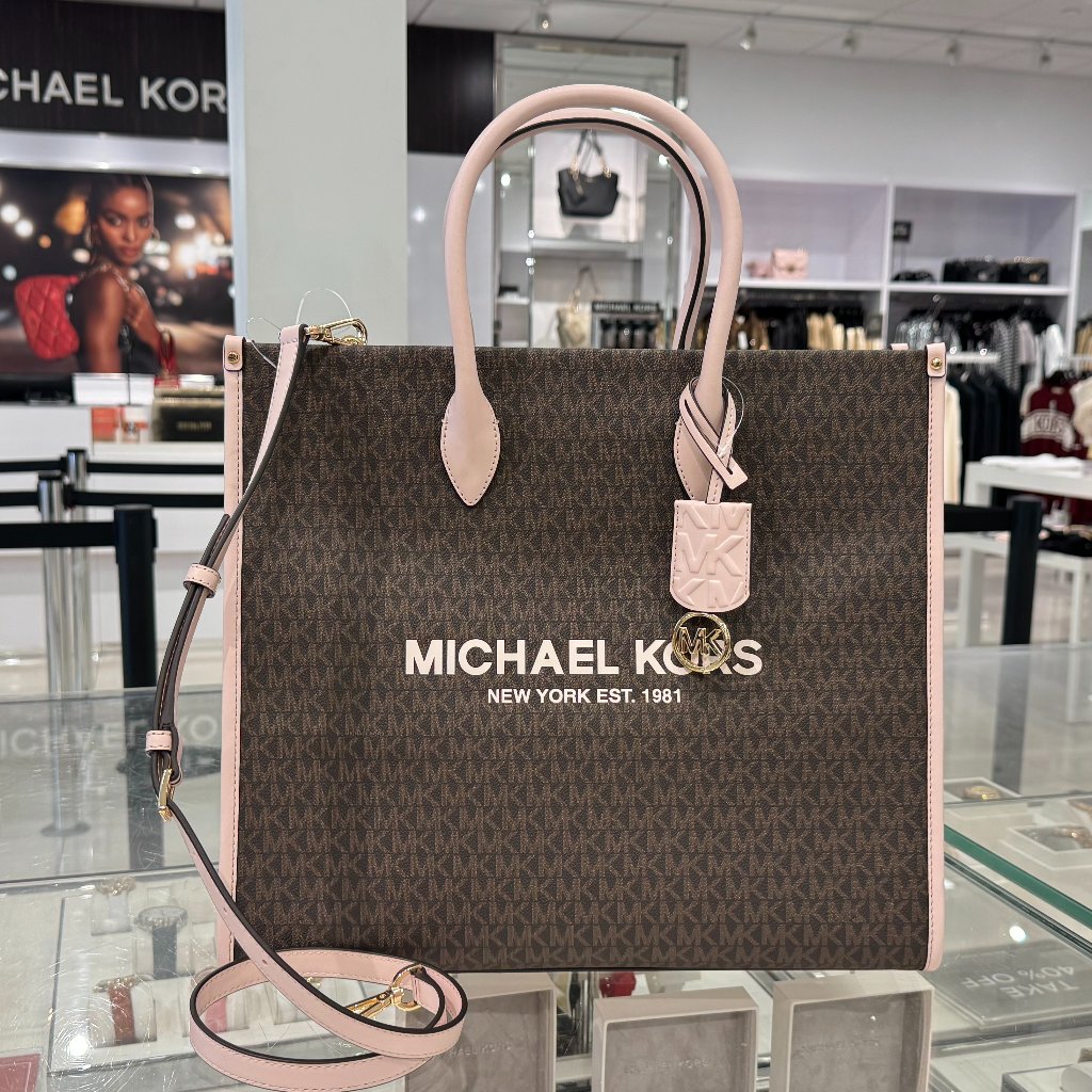 Michael Kors Mirella Large North South Tote Shoulder Bag Mk Brown Pink